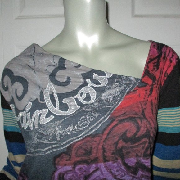 DESIGUAL Brown Multi-Pattern Long Sleeve Graphic Top Large - Picture 2 of 9